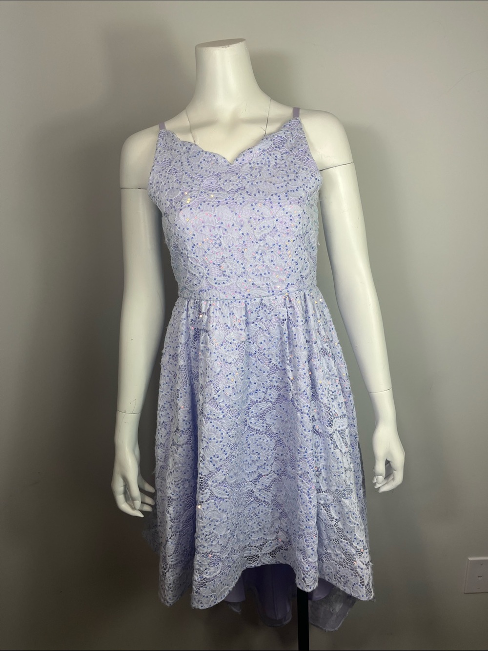 Rare Editions Lavender Lace High-Low Spaghetti Strap Dress